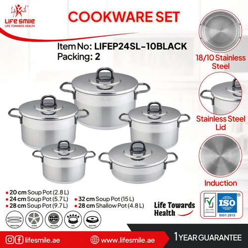 سرویس قابمه 10 پارچه استیل مشکی لایف اسمایل مدل LIFEP24SL-10BLACK