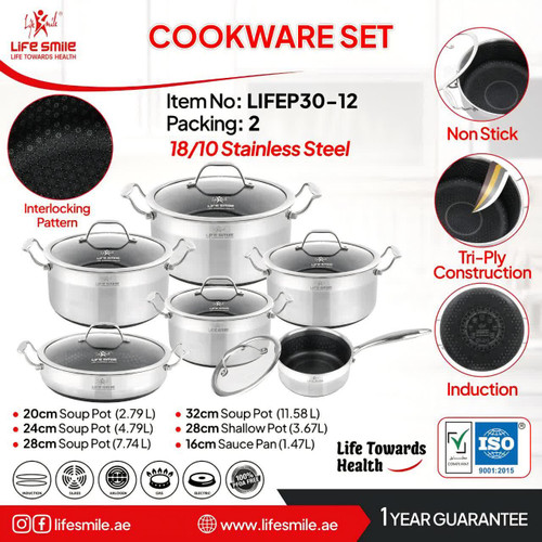 سرویس قابمه 12پارچه استیل لایف اسمایل مدل LIFEP30-12 کف لیزری تیتانیوم